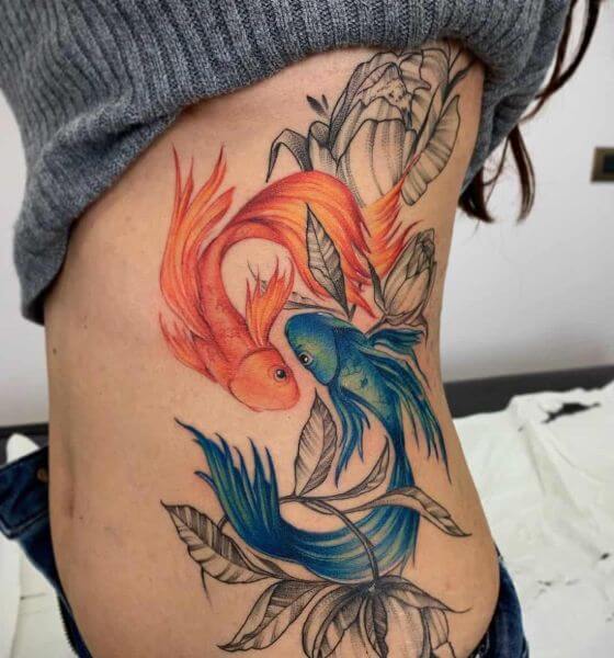 Fire and Water Koi Fish Tattoo on Rib