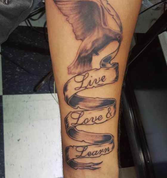 Flying Dove Tattoo with Statement on Ribbons