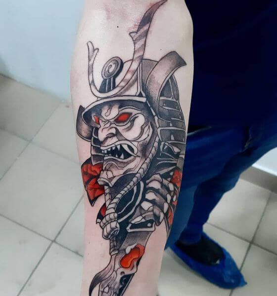 Forearm Tattoo of Samurai with Mask