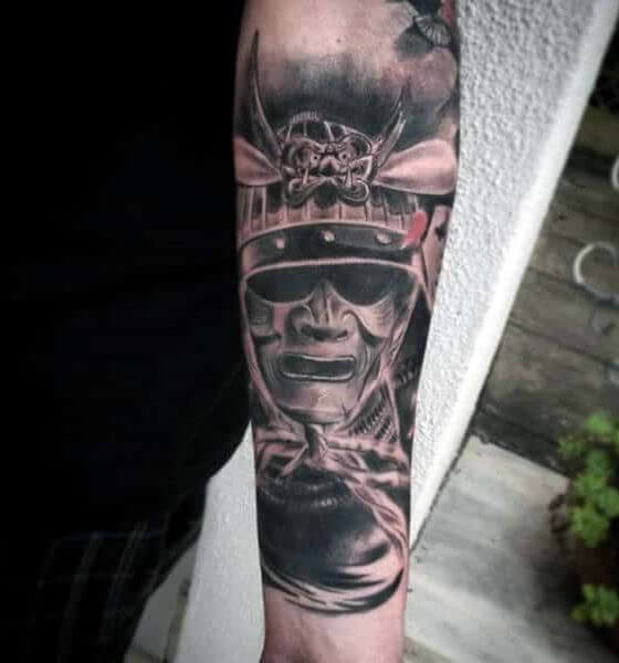 Forearm samurai helmet tattoos