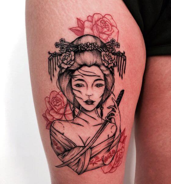 Geisha Samurai Tattoo on Thigh