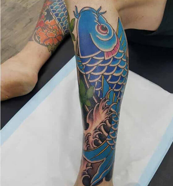 Gorgeous koi fish tattoo on leg