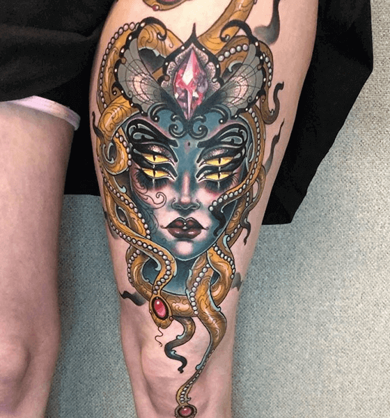 Gorgeous medusa tattoo on thigh