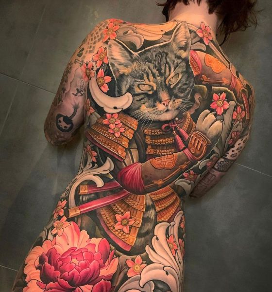 Huge Samurai Cat Tattoo on Back