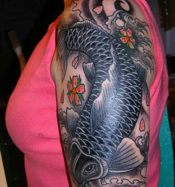Koi Fish Swimming Downstream Tattoo