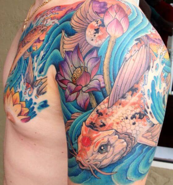 Koi Fish and Water Tattoo on Shoulder