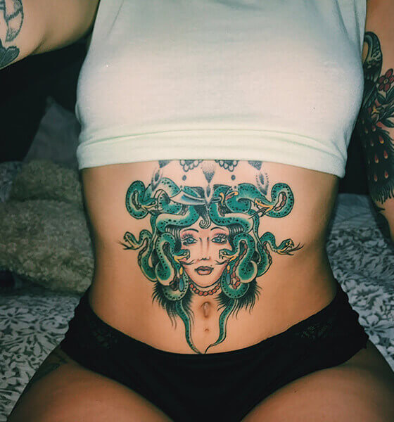 Medusa Tattoo on Lower Stomach