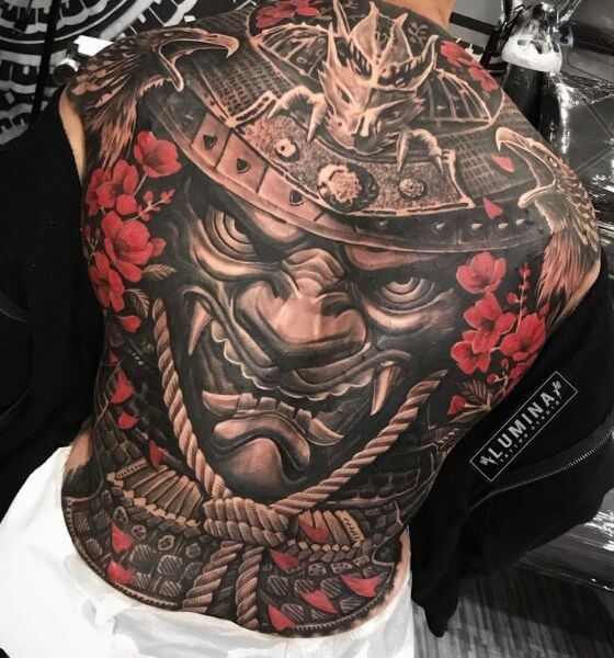 Oni Mask Samurai Tattoo on Back