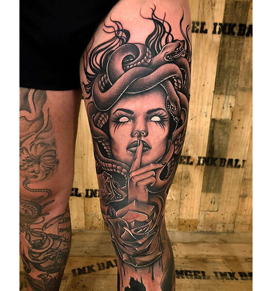 Realistic Medusa Tattoo on Thigh