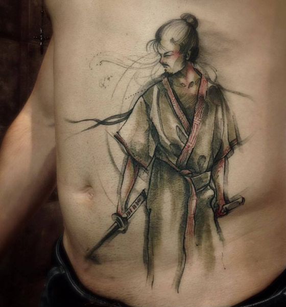 Samurai abdomen tattoo on stomach