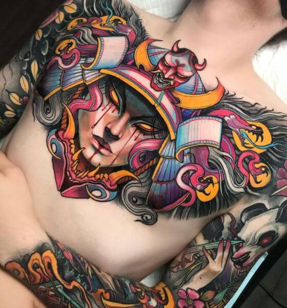 Samurai medusa tattoo on chest