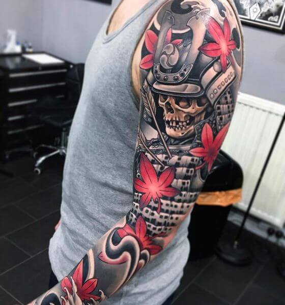 Samurai skull tattoo on full sleeve
