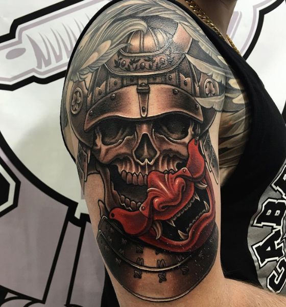 Samurai skull tattoo on half sleeve