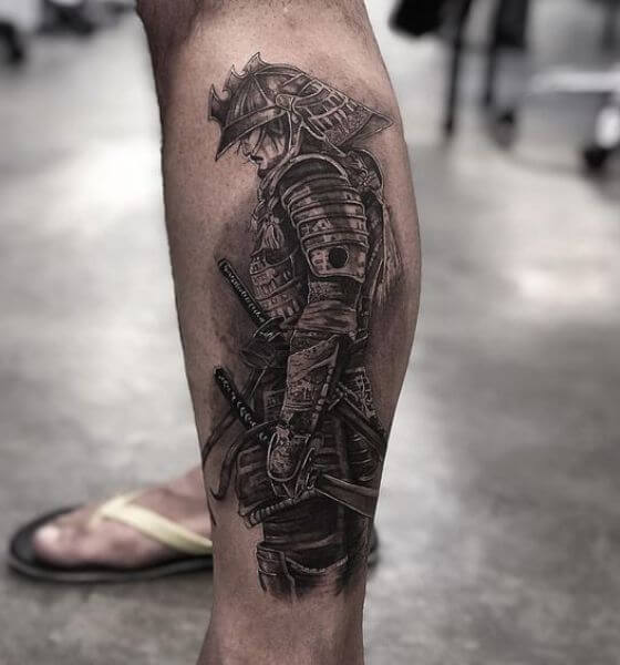 Samurai tattoo on leg