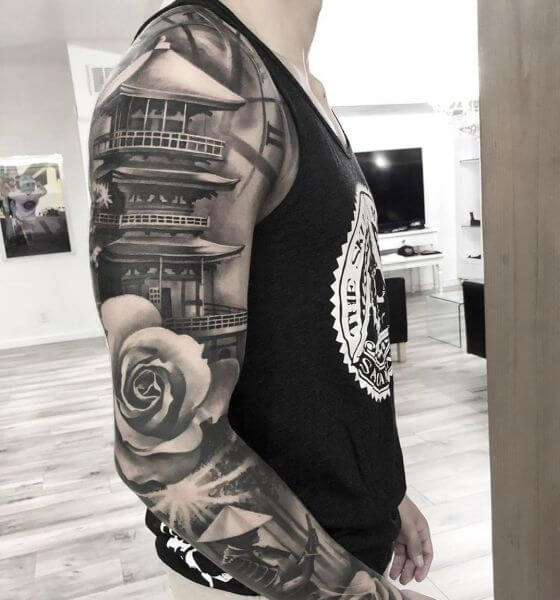 Samurai temple tattoo on sleeve