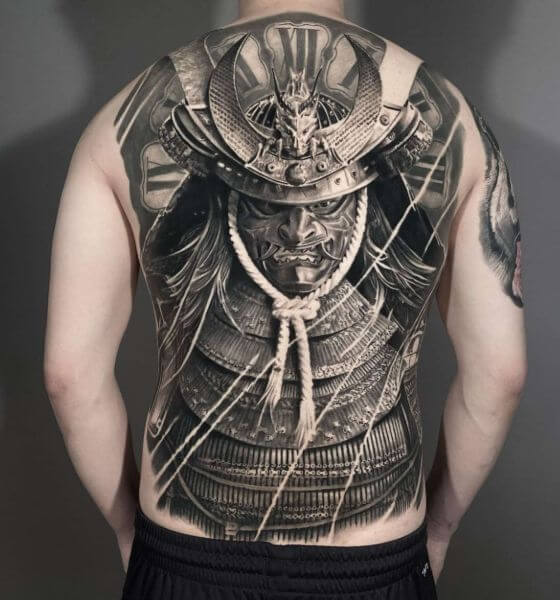 Samurai with clock tattoo on back
