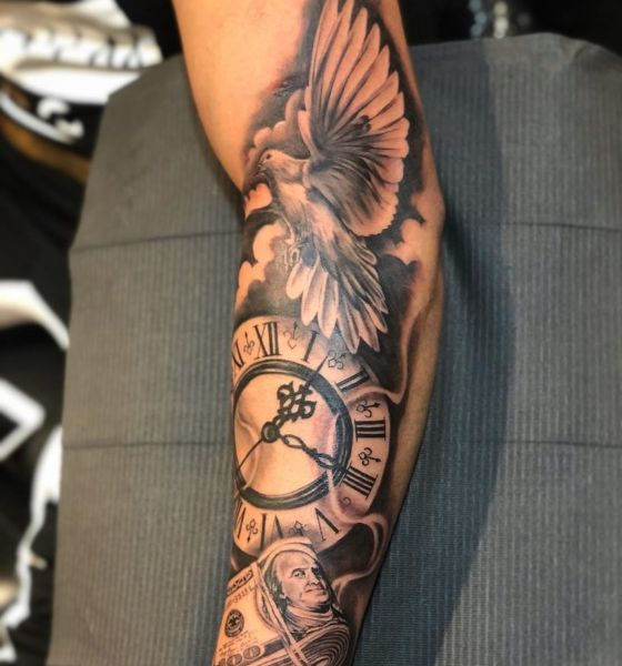 Stunning Dove with Clock Tattoo Designs