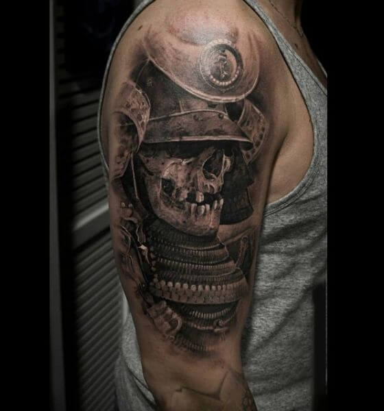 The Samurai Skull and Helmet Tattoo on Sleeve