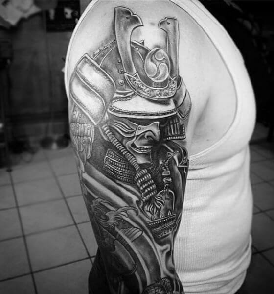 Traditional samurai mask tattoo on half sleeve