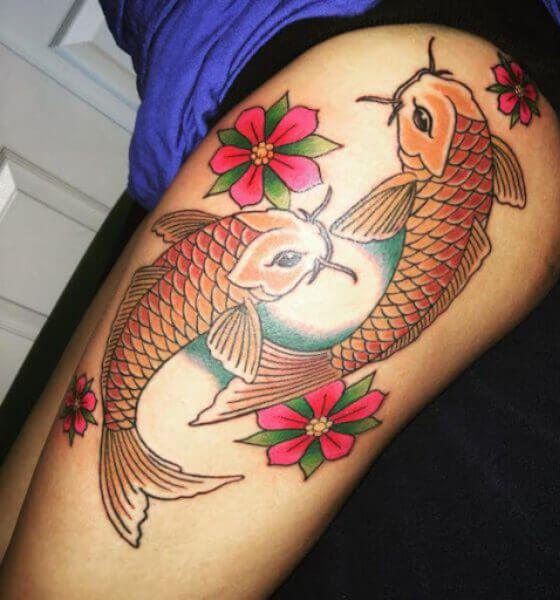 Two Koi fish tattoo on thigh