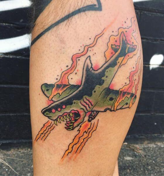 Airplane Shark Tattoo on Leg