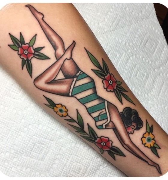 American Traditional Diving Girl Tattoo