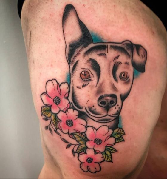 American Traditional Dog Tattoo Designs With Flowers on Thigh