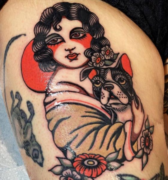 American Traditional Dog and Owner Tattoo on Thigh