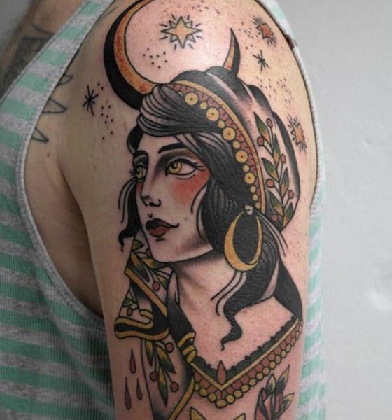 American Traditional Gypsy Girl Tattoo on Shoulder