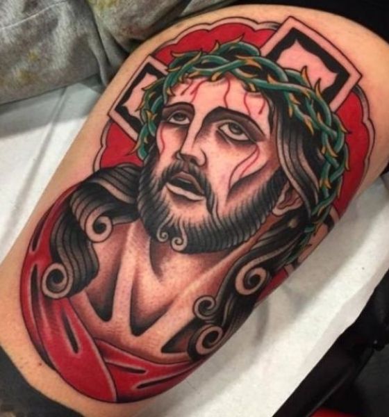 American Traditional Jesus Christ Tattoo on Thigh