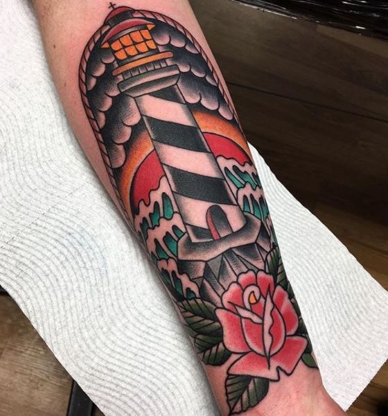 American Traditional Lighthouse Tattoo on Sleeve