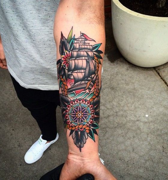 American Traditional Ship Tattoo Designs on Arm
