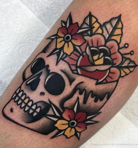 American Traditional Skull with Flower Tattoo Design