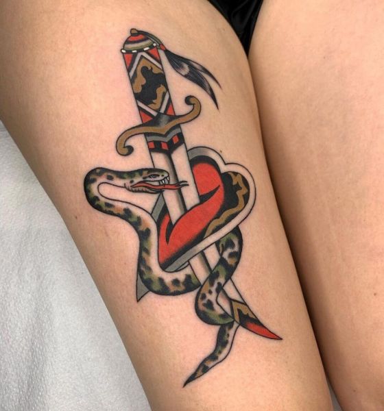 American Traditional Snake Dagger Tattoo Designs on Thigh