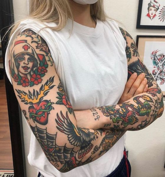 American Traditional Tattoo Designs on Full Sleeve for Men and Women