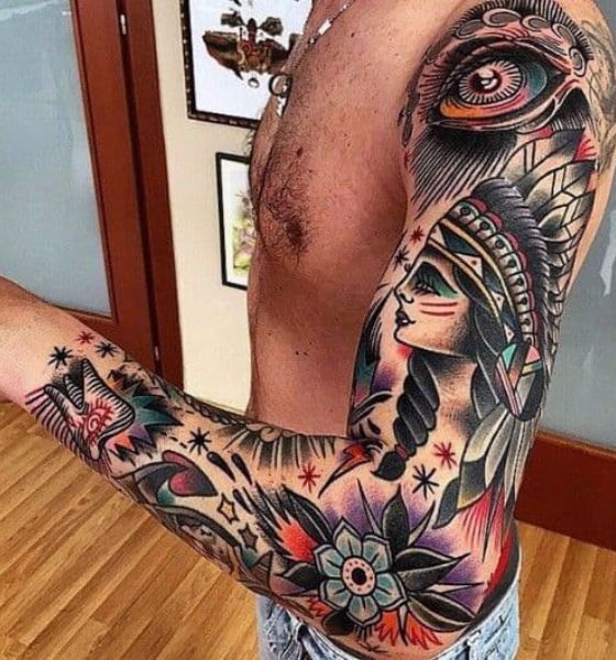 American Traditional Tattoo Designs on Full Sleeve