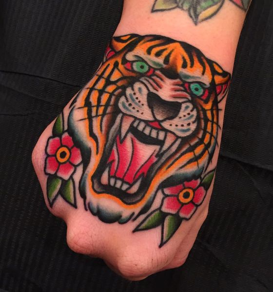 American Traditional Tiger Tattoo Design on Hand