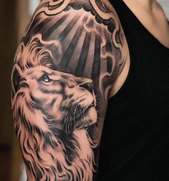 Black Ink Rising Sun Tattoo on Full Sleeves Tattoo