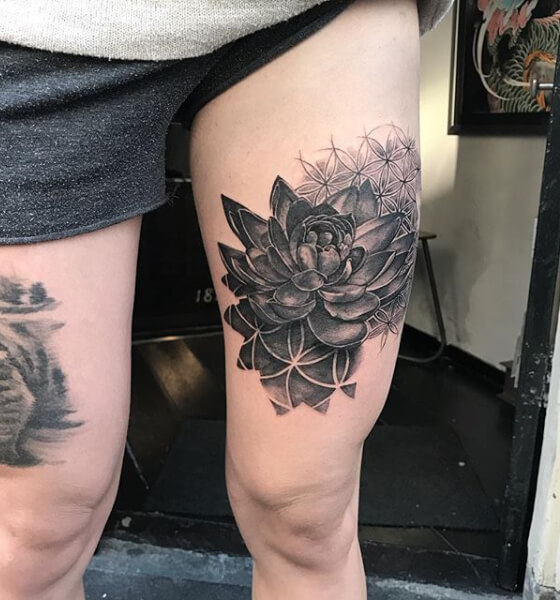 Black Lotus Flower Tattoo on Thigh