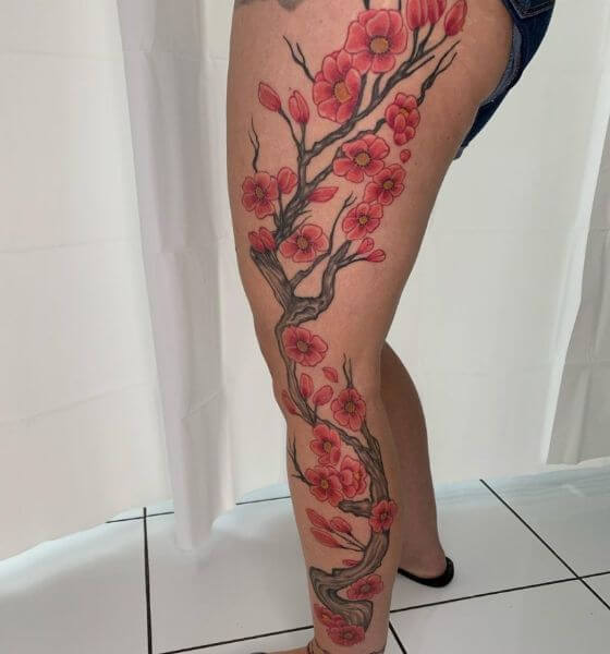 Cherry Blossom Flowers Tattoo on Leg