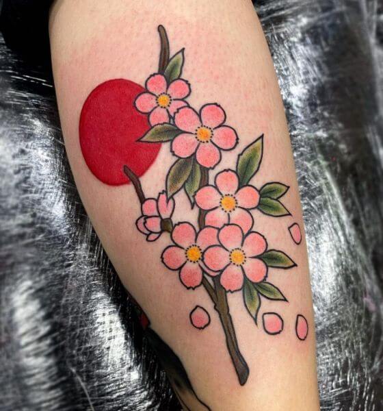 Cherry Blossom Tattoo Design on Calf