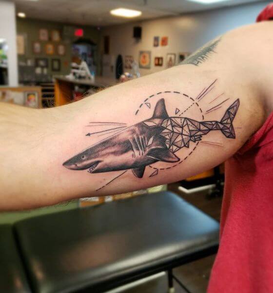 Creative Helicopter Shark Tattoo Design on Bicep