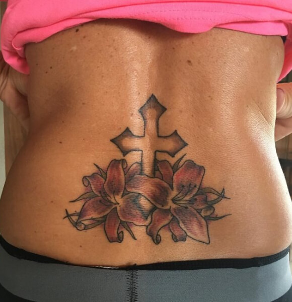 Cross with Flower Tattoo on Lower Back