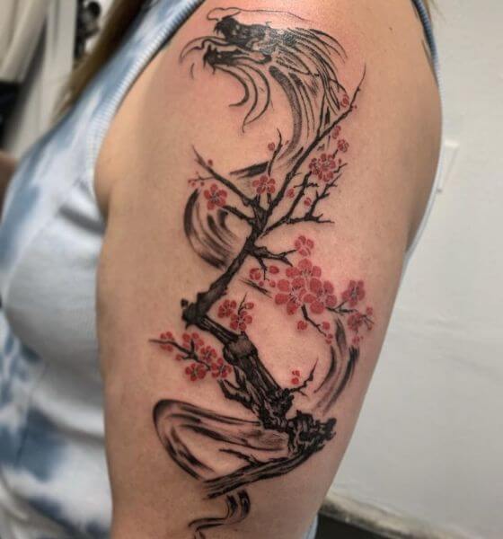 Dragon with Cherry Blossom Tattoo Design