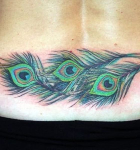 Elegant Peacock Feather Tattoo on Lower Back
