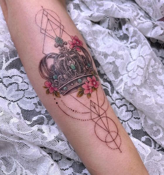 Geometric Crown with Cherry Blossom Tattoo Designs