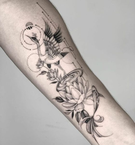 Geometric Japanese Crane Tattoo Design on Arm