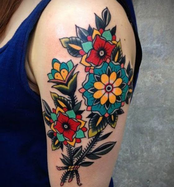 Gorgeous American Traditional Flower Tattoo on Shoulder