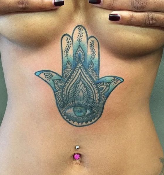 Hand Print Eye Tattoo Design Underboob