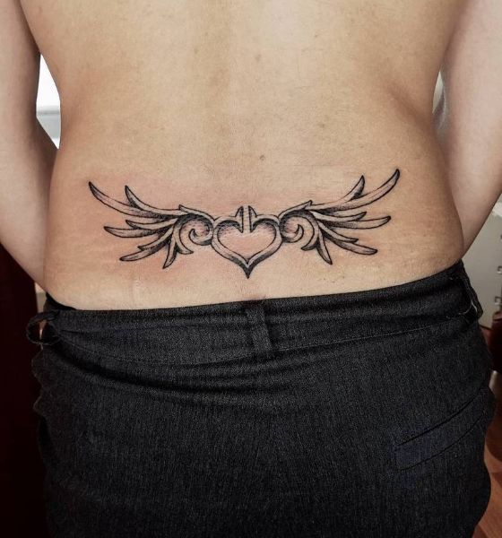 Heart Tattoo with Wings on Lower Back for Women